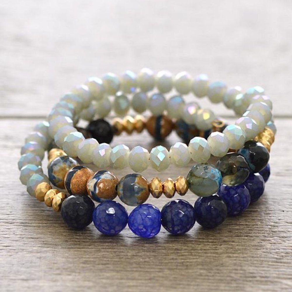Sapphire Blue Aurora Borealis Green Gold Faceted Bead Adjustable Coil Bracelet